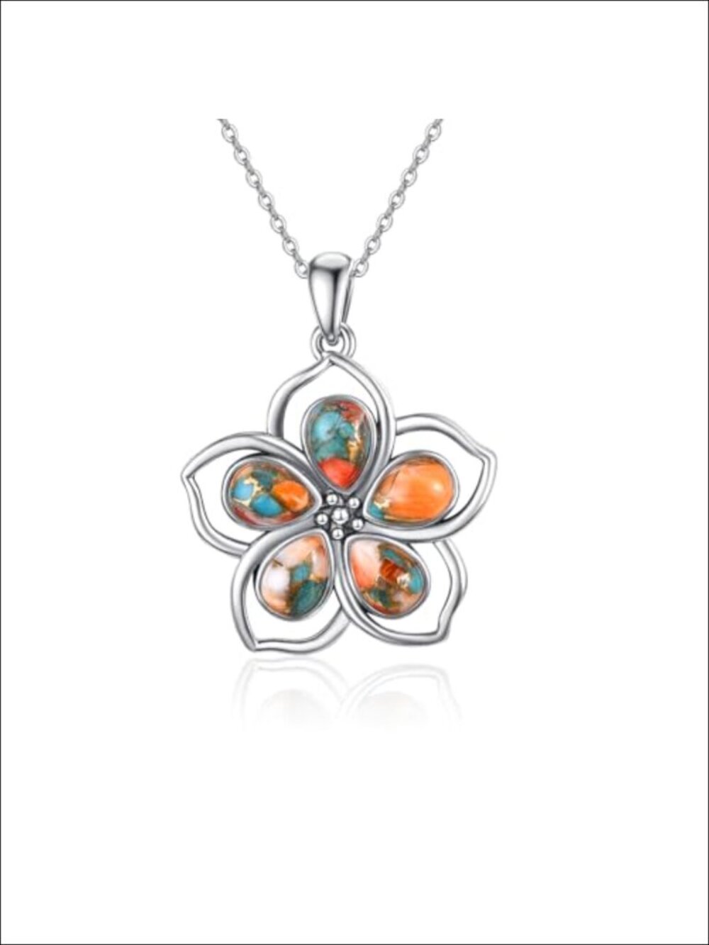Women's Flower Pendant Necklace 925 Sterling Silver Pear Turquoise Coral